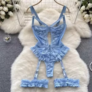 Sexy Crotchless Blue Underwear Women Lace Hollow Bra Set Erotic Costume Teddy Baby Doll Dress Deep V Open Bra Porn Lingerie Set