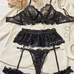 Erotic Lace Sexy Bra Set Garter Lingerie Set With Choker Women Intimates 2024 Underwire Bra And Thongs Ladies Underwear Set